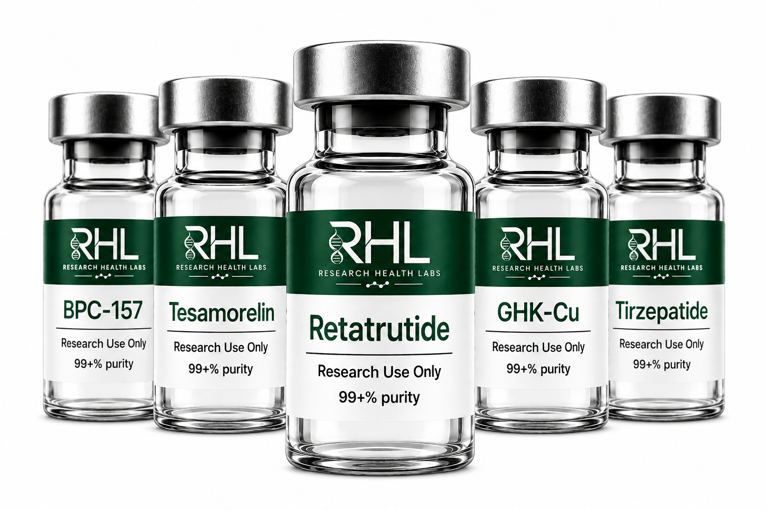 RHL research peptide vials lineup