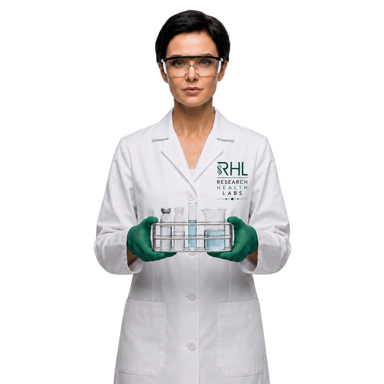 RHL scientist holding a tray of research vials